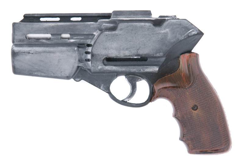 TV Series used Hard Rubber stunt casting of the firing Smith & Wesson 686 model. Screw holes were filled in and a sprue connects to the trigger guard to the trigger for durability.