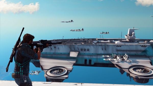 Rico overlooking the Sky fortress from the "Sky Fortress" DLC. Note that the weapon model now correctly has a bolt. Like the CS110 however, it's not animated.