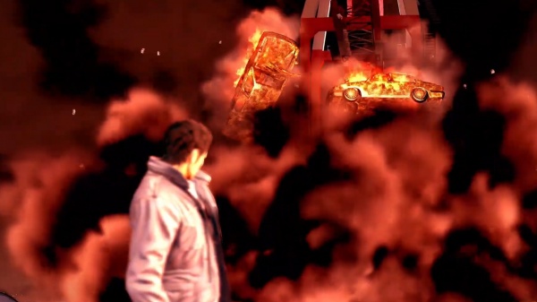 Kiryu then looks on as said empty Yamagasa family cars are themselves launched into the air by the explosion.