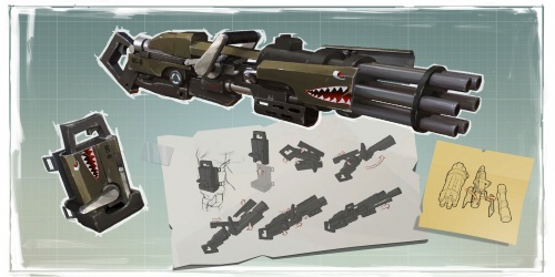 A Fortnite loading screen showing concept art of the Minigun. Note the "Flying Tiger" decal, made famous by the Curtiss P-40 Warhawks that carried the design in WWII