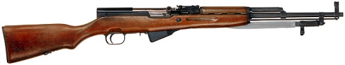 Russian Simonov Type 45 aka the Russian SKS rifle - 7.62x39mm. The Russian SKS has a milled receiver and a blade bayonet. The rifles were issued with hardwood or laminated stocks. This example has a hardwood stock.