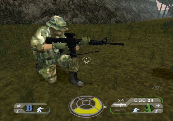 The version of the M16A4 with no M203 in Jungle Storm, with ACOG and Sling.