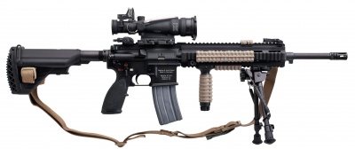 Heckler & Koch M27 IAR in USMC configuration with bipod, vertical foregrip, and Trijicon SU-258/PVQ Squad Day Optic - 5.56x45mm NATO