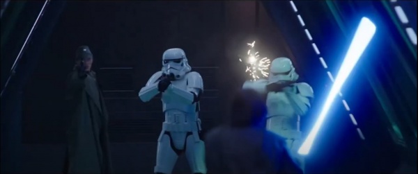 An Officer opens fire on Obi-Wan alongside Stormtroopers in "Part IV".