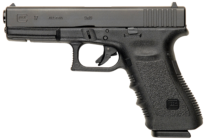 A Generation 3 Glock 17 9x19mm. Note the finger grooves, thumb reliefs, and accessory rail on the frame, which differentiate it from the older model.
