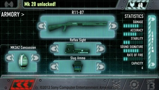 The R11 from the weapons selection screen. Its accuracy is unrealistically high for a shotgun.