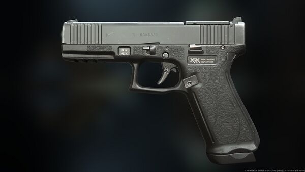 The Glock 17 in the gunsmith preview screen. Note the non-standard grip texture and a "3S" writing where the "17" should be on the real Glock.