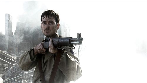 Jeremy Davies holds an M1 Garand as Cpl. Timothy P. Upham in Saving Private Ryan.