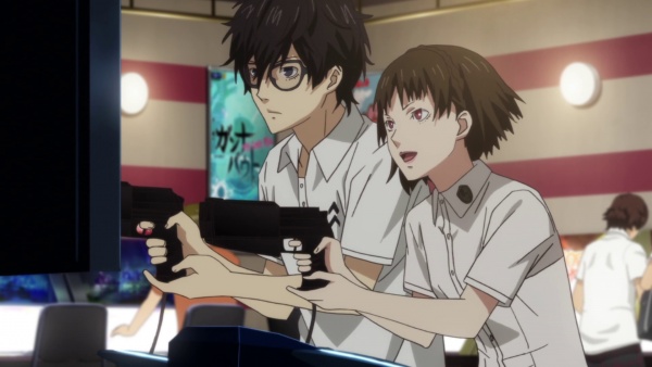Ren and Makoto play a light gun game in "I found the place where I belong".