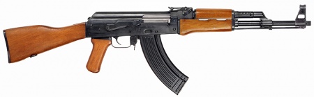 Norinco Type 56 (Imported into the U.S. as the Norinco AKS-47 or AKS-47 Sporter) - 7.62x39mm. Rather than having the underfolder pig sticker Bayonet assembly, this has the standard Bayonet lug underneath the gas block as the AKM and later variants.